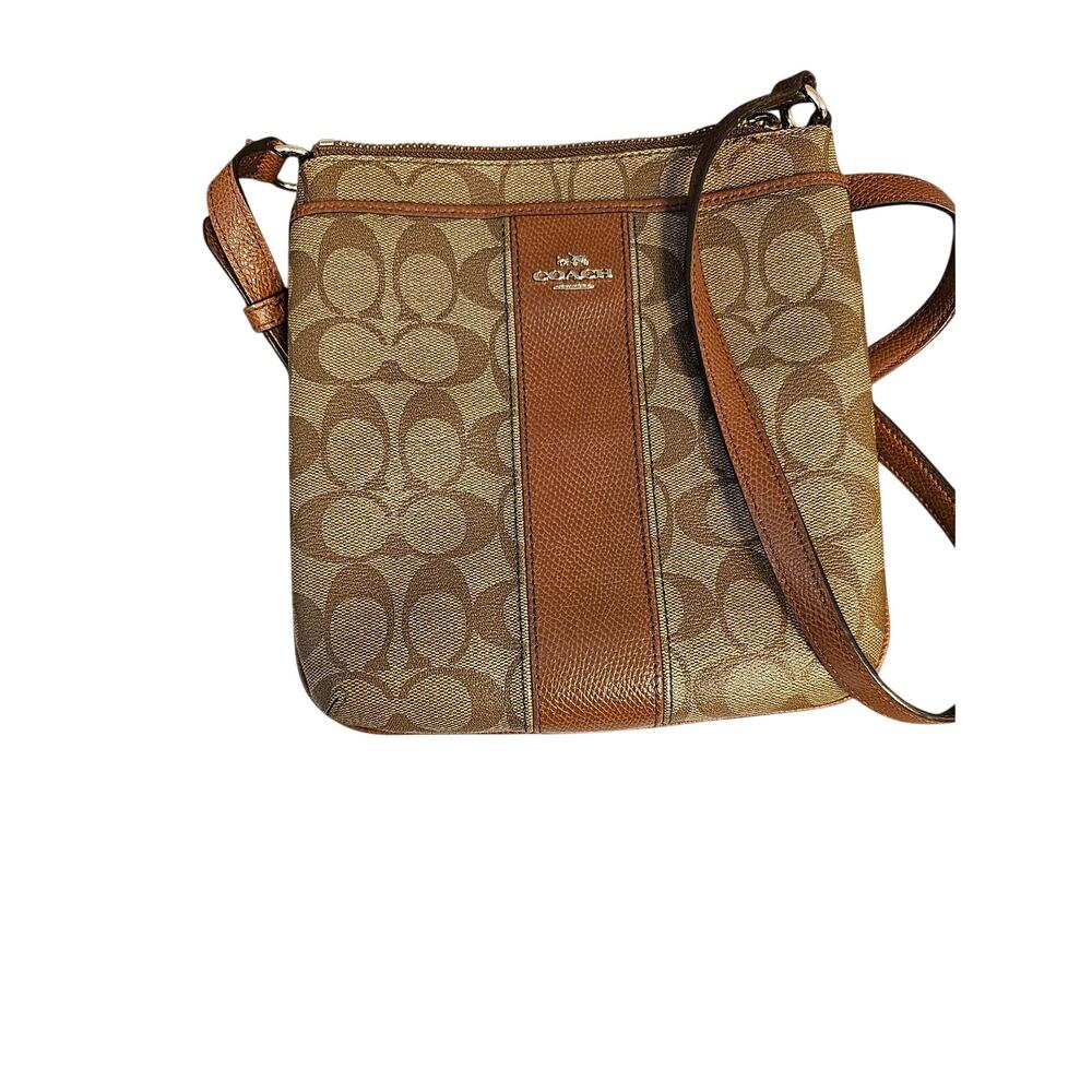 Coach Signature Canvas Crossbody Bag Brown Tan Leather Trim Adjustable Strap